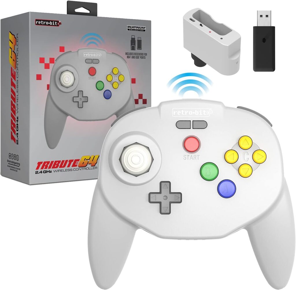 Manette Retro-Bit Tribute64 sans fil 2,4 GHz, format ergonomique deux poignées, stick analogique et boutons C jaunes
