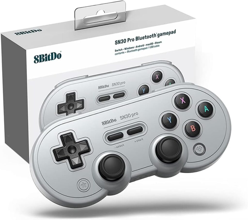 Manette 8BitDo SN30 Pro Bluetooth coloris gris SNES, D-pad, sticks analogiques et boutons ABXY colorés