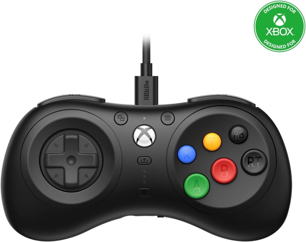 Manette 8BitDo M30 filaire format Megadrive 6 boutons, D-pad noir, boutons ABXY colorés, licence officielle Xbox