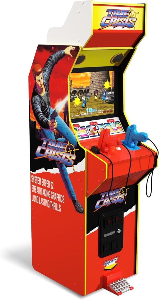 Meilleure borne d'arcade 2026 : comparatif et guide d'achat 32 Borne d'arcade Arcade1Up Time Crisis Deluxe, deux pistolets rouge et bleu, pédale de couverture et marquise lumineuse