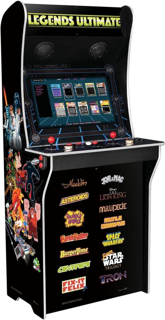 Meilleure borne d'arcade 2026 : comparatif et guide d'achat 28 Borne d'arcade AtGames Legends Ultimate HA8802C taille réelle, écran 24 pouces, deux joysticks rouges et panel de contrôle avec spinners et trackball