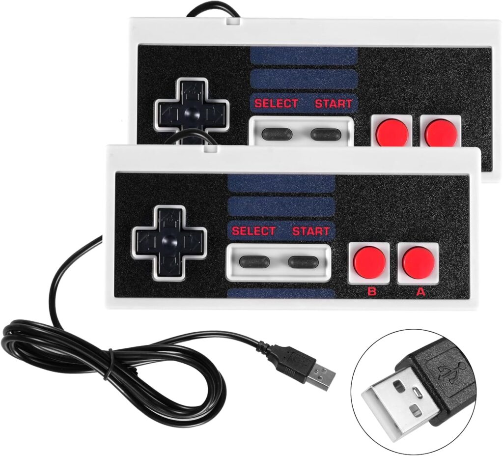 Manettes Binghe USB filaires format NES, D-pad, Select et Start, deux boutons d'action rouges A et B, livrées par deux 