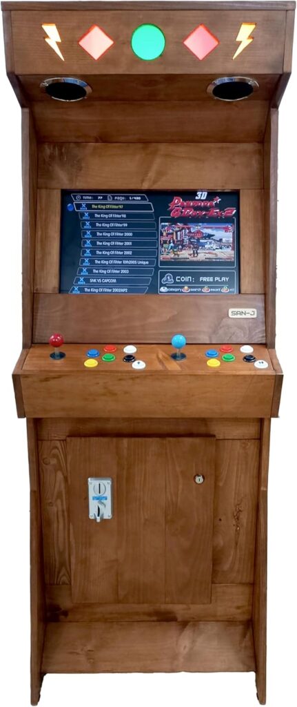 Meilleure borne d'arcade 2026 : comparatif et guide d'achat 33 Borne d'arcade artisanale San-J en bois, écran 22 pouces, deux joysticks et marquise lumineuse, 4000 jeux intégrés