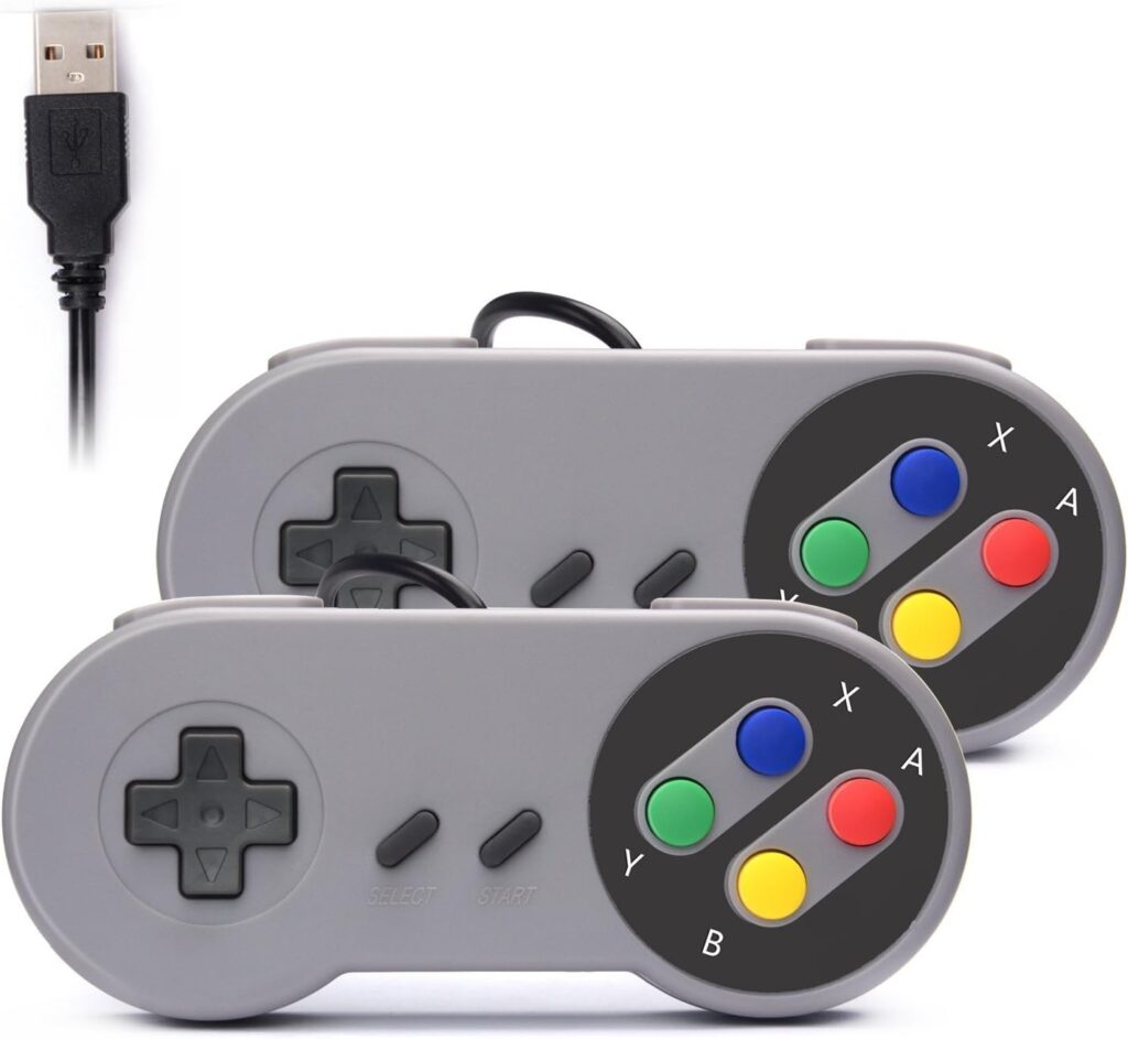 Lot de deux manettes Link Gaming SNES USB filaires, coloris gris clair, D-pad et boutons ABXY colorés style Super Famicom