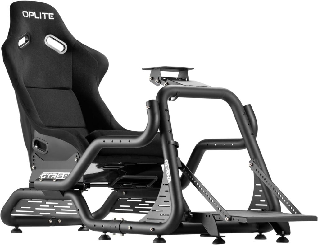 Meilleur cockpit simracing 2026 : le comparatif complet 28 Cockpit simracing OPLITE GTR S8 Infinity Force, châssis tubulaire acier noir, siège baquet FiberCore et support volant réglable