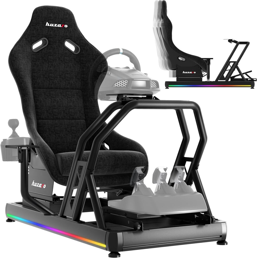 Meilleur cockpit simracing 2026 : le comparatif complet 32 Cockpit simracing Huzaro Speed 9.0, châssis aluminium noir, siège baquet tissu et éclairage LED RGB intégré à la base