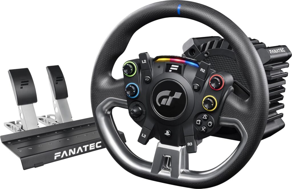 Volant Fanatec Gran Turismo DD Pro pour PS5, jante cuir noir avec boutons colorés, base Direct Drive et pédalier deux pédales inclus
