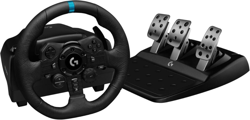 Volant Logitech G G923 pour PS et PC, jante cuir noir avec liseré bleu, base retour de force TRUEFORCE et pédalier trois pédales