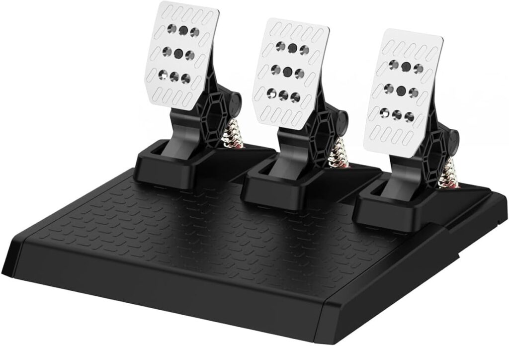 Meilleur pédalier simracing 2026 : comparatif et guide d'achat 32 Pédalier simracing Doyo, base compacte noire, trois pédales inox perforées et ressorts interchangeables, positionnement premier prix PC
