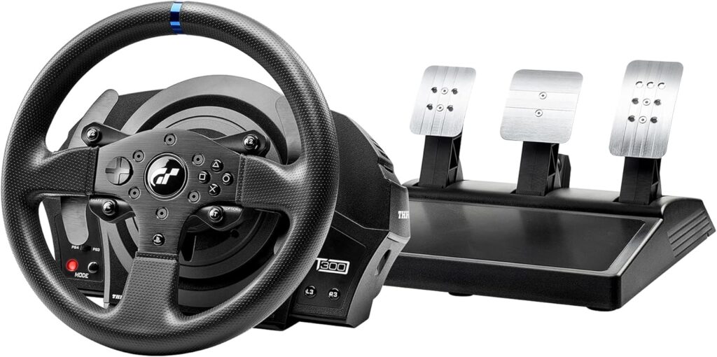 Volant Thrustmaster T300 RS GT pour PS5 et PC, jante caoutchouc perforée noire, base retour de force et pédalier T3PA trois pédales