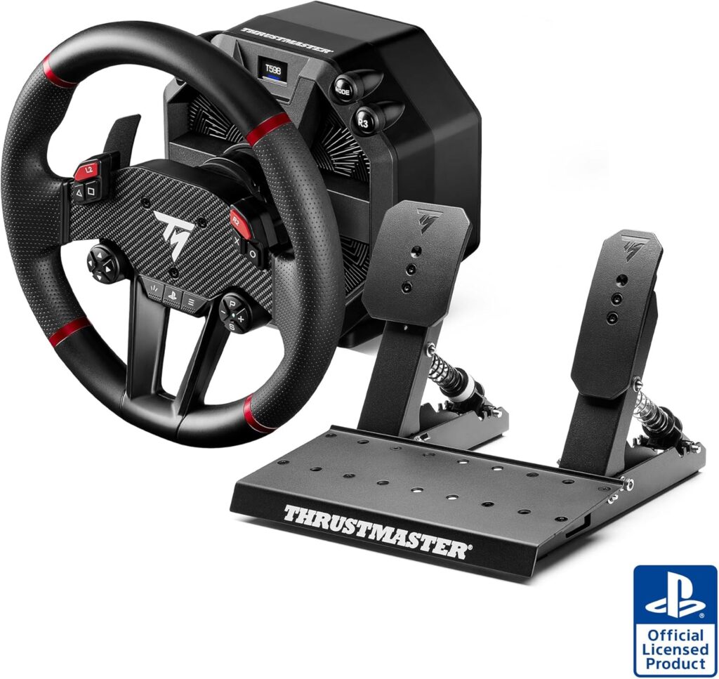 Volant Thrustmaster T598 Direct Drive pour PS5, jante cuir avec inserts rouges, base compacte et pédalier magnétique T3PM inclus