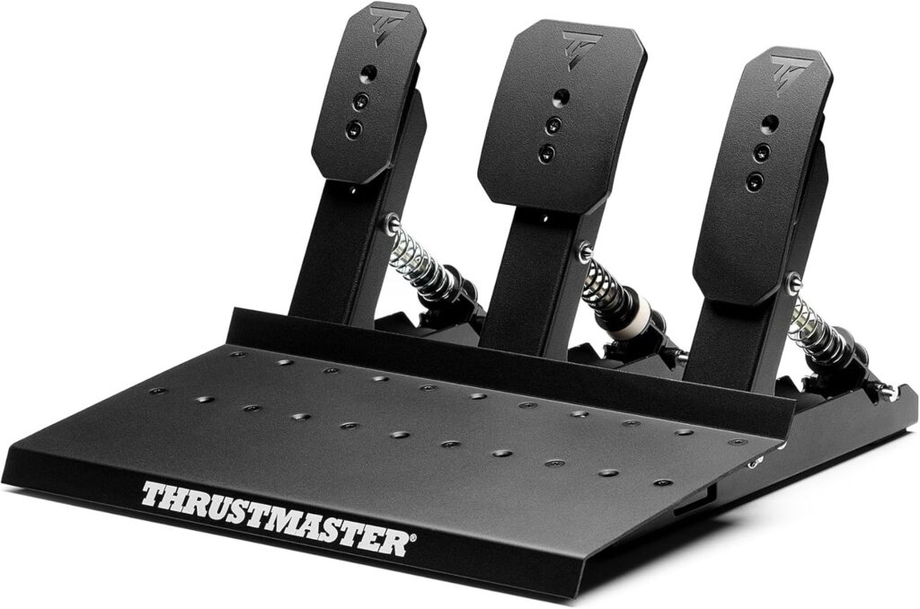Meilleur pédalier simracing 2026 : comparatif et guide d'achat 30 Pédalier simracing Thrustmaster Raceline Pedals III, structure métal noire, trois pédales inox et ressorts visibles pour réglage évolutif