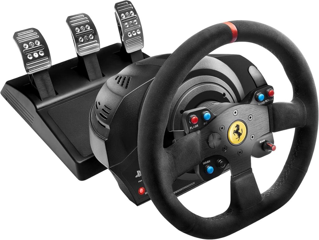 Volant Thrustmaster T300 Ferrari Integral Alcantara pour PS5 et PC, jante Ferrari 599XX EVO 30, base et pédalier T3PA trois pédales