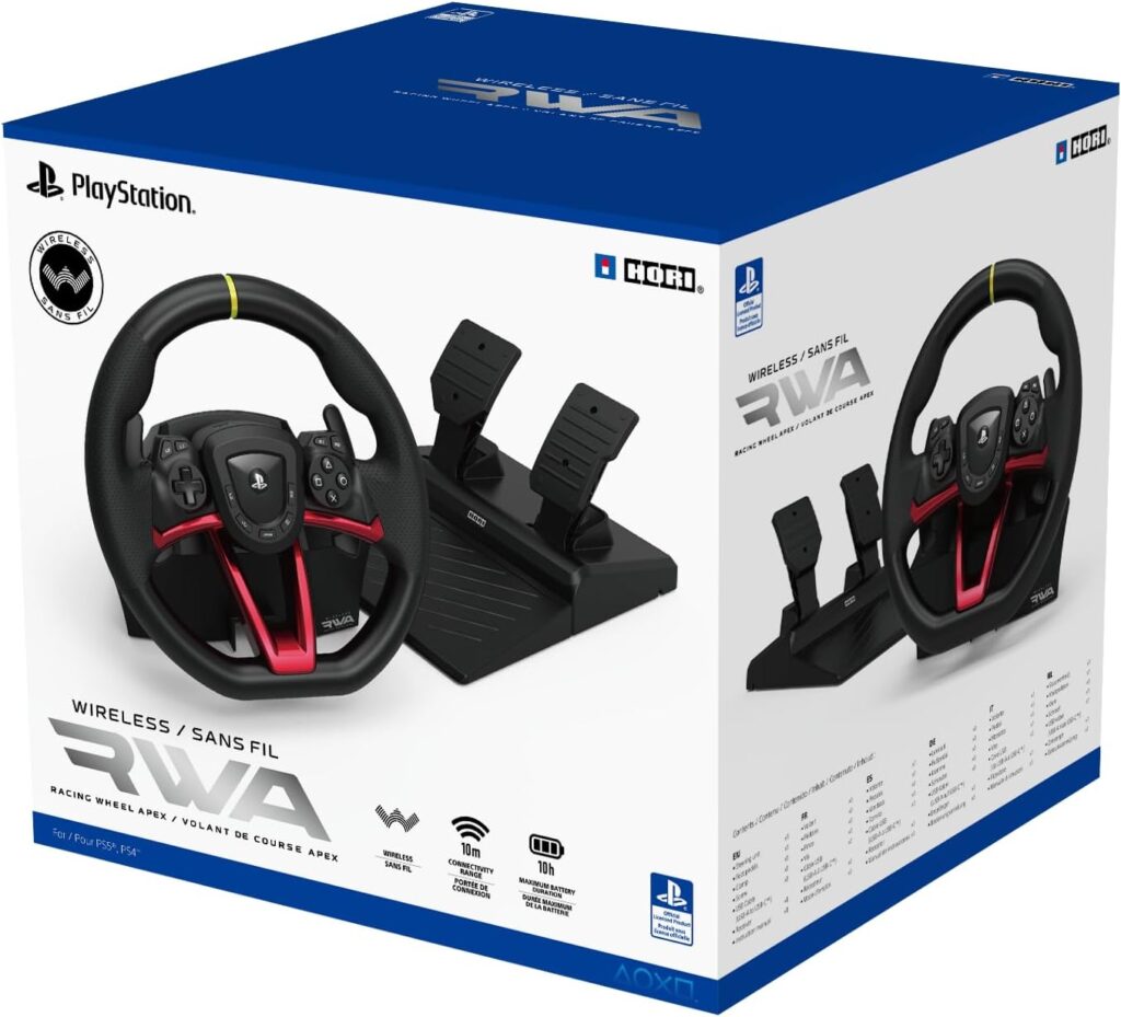 Comparatif des meilleurs volants PS5 30 Boîte du volant de course sans fil HORI Racing Wheel APEX pour PS5 et PS4, avec volant noir et rouge et pédalier deux pédales