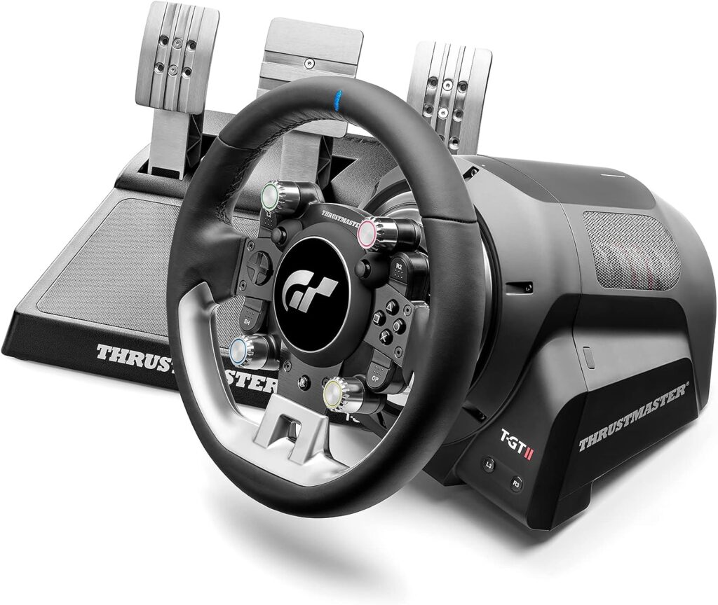 Comparatif des meilleurs volants PS5 28 Volant Thrustmaster T-GT II pour PS5 et PC, base force feedback 40 W, jante cuir Gran Turismo et pédalier T3PM en métal